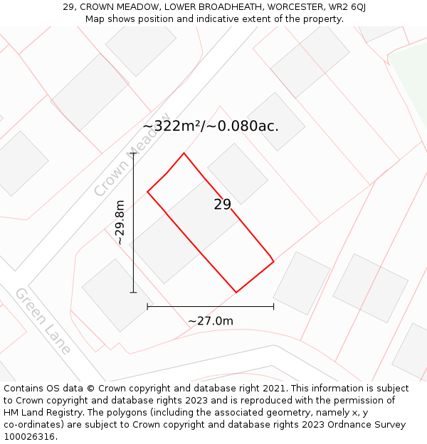 29, CROWN MEADOW, LOWER BROADHEATH, WORCESTER, WR2 6QJ: Plot and title map