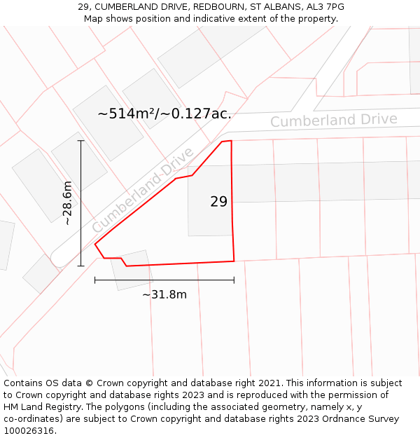 29, CUMBERLAND DRIVE, REDBOURN, ST ALBANS, AL3 7PG: Plot and title map