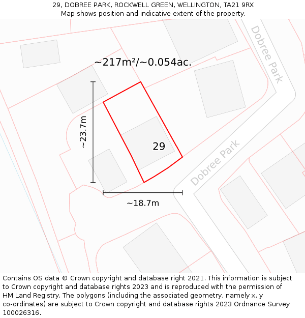 29, DOBREE PARK, ROCKWELL GREEN, WELLINGTON, TA21 9RX: Plot and title map