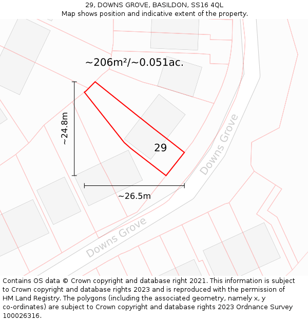 29, DOWNS GROVE, BASILDON, SS16 4QL: Plot and title map