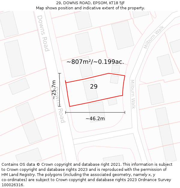 29, DOWNS ROAD, EPSOM, KT18 5JF: Plot and title map