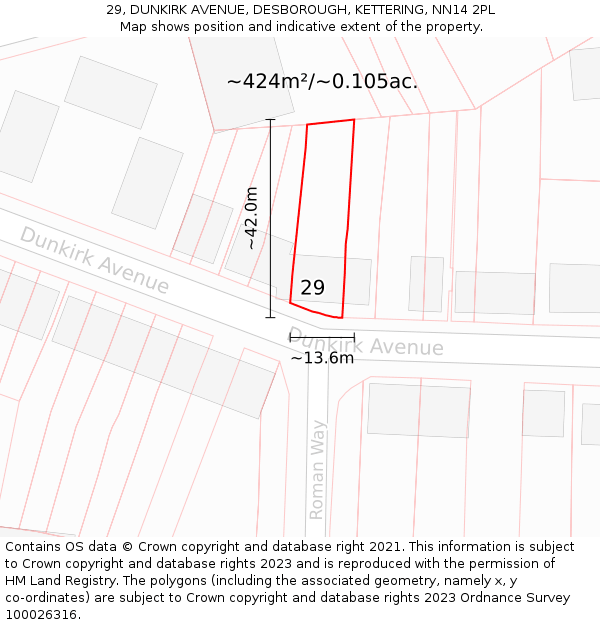 29, DUNKIRK AVENUE, DESBOROUGH, KETTERING, NN14 2PL: Plot and title map