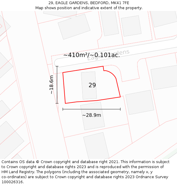 29, EAGLE GARDENS, BEDFORD, MK41 7FE: Plot and title map