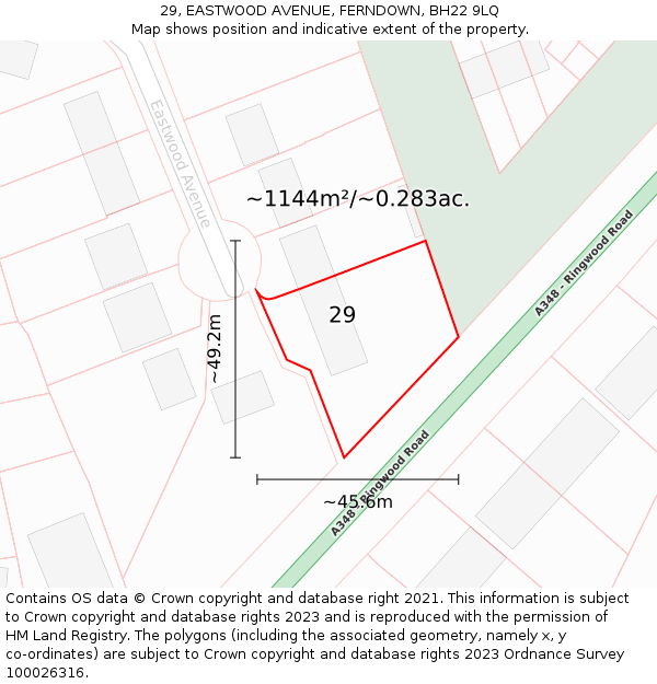 29, EASTWOOD AVENUE, FERNDOWN, BH22 9LQ: Plot and title map