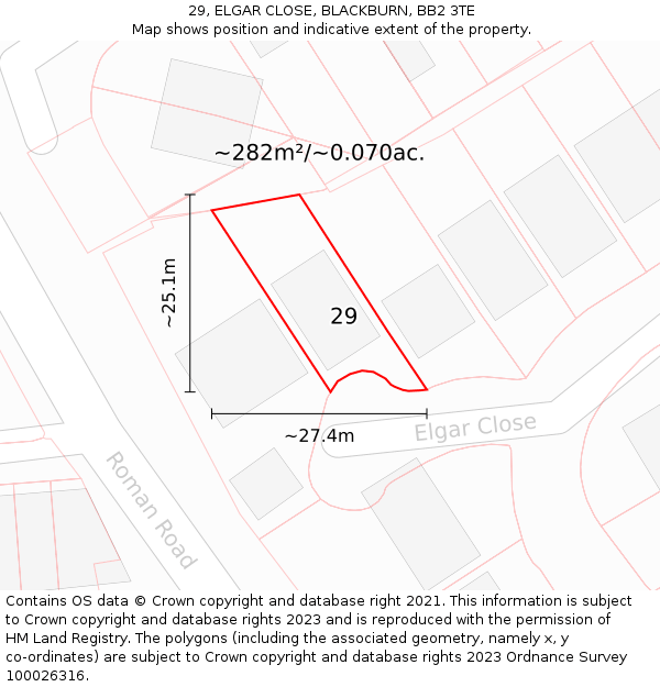 29, ELGAR CLOSE, BLACKBURN, BB2 3TE: Plot and title map