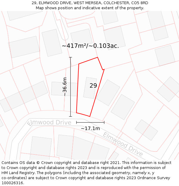 29, ELMWOOD DRIVE, WEST MERSEA, COLCHESTER, CO5 8RD: Plot and title map