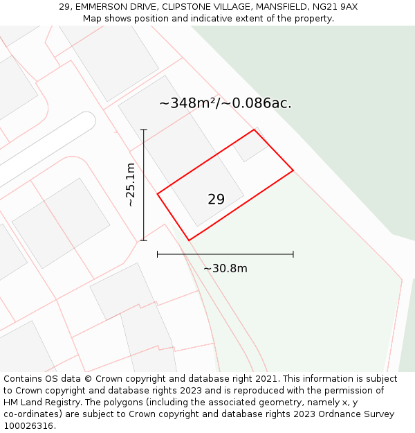 29, EMMERSON DRIVE, CLIPSTONE VILLAGE, MANSFIELD, NG21 9AX: Plot and title map