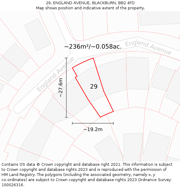 29, ENGLAND AVENUE, BLACKBURN, BB2 4FD: Plot and title map