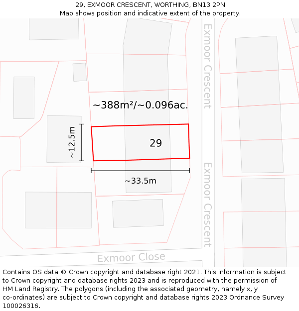 29, EXMOOR CRESCENT, WORTHING, BN13 2PN: Plot and title map