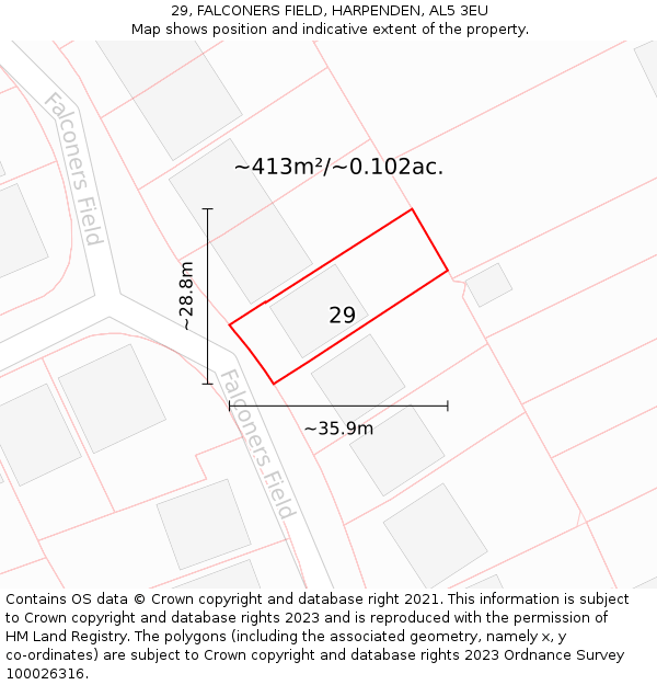 29, FALCONERS FIELD, HARPENDEN, AL5 3EU: Plot and title map