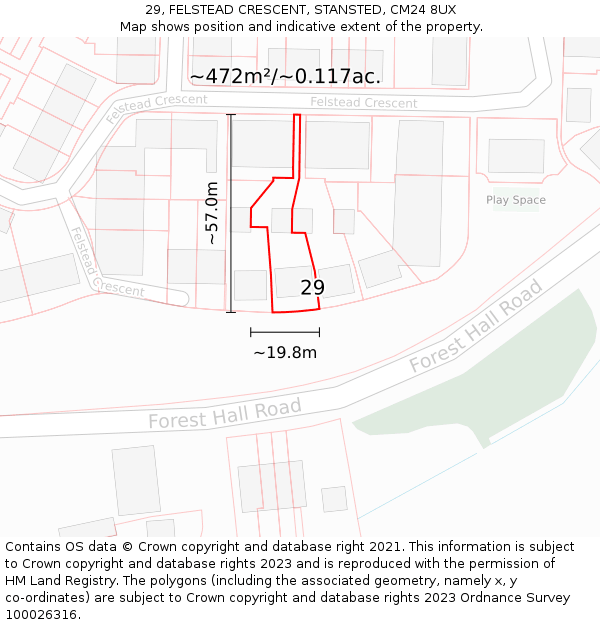 29, FELSTEAD CRESCENT, STANSTED, CM24 8UX: Plot and title map