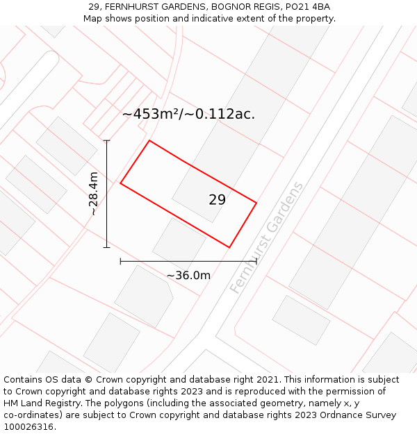 29, FERNHURST GARDENS, BOGNOR REGIS, PO21 4BA: Plot and title map