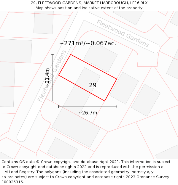 29, FLEETWOOD GARDENS, MARKET HARBOROUGH, LE16 9LX: Plot and title map