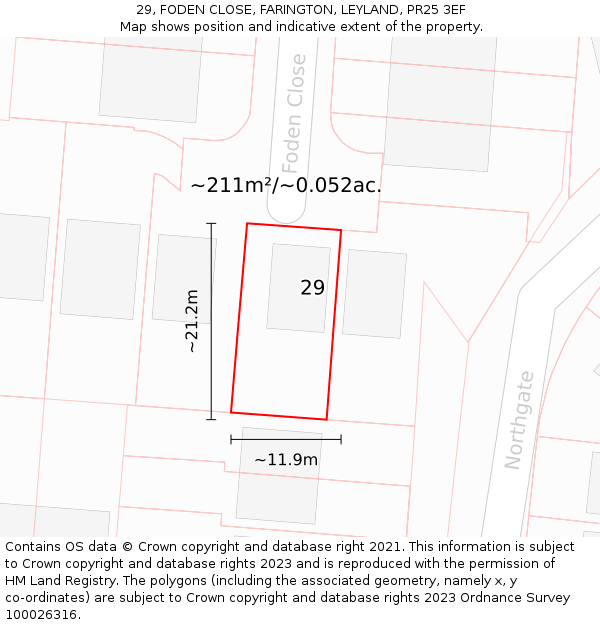 29, FODEN CLOSE, FARINGTON, LEYLAND, PR25 3EF: Plot and title map