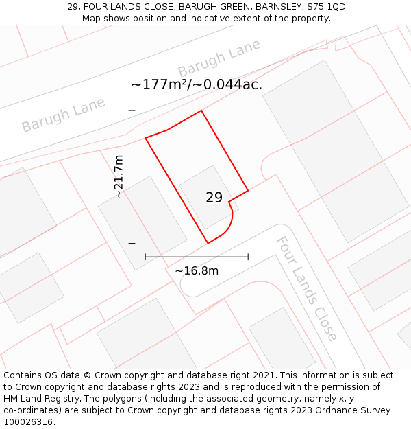 29, FOUR LANDS CLOSE, BARUGH GREEN, BARNSLEY, S75 1QD: Plot and title map