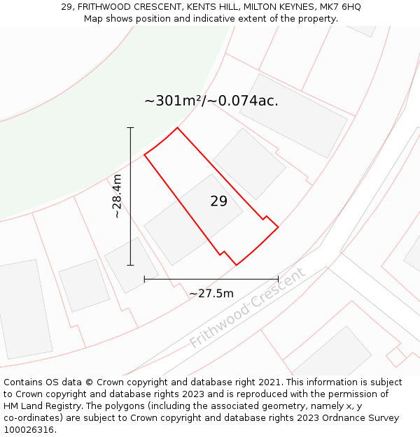 29, FRITHWOOD CRESCENT, KENTS HILL, MILTON KEYNES, MK7 6HQ: Plot and title map