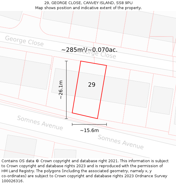 29, GEORGE CLOSE, CANVEY ISLAND, SS8 9PU: Plot and title map