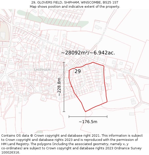 29, GLOVERS FIELD, SHIPHAM, WINSCOMBE, BS25 1ST: Plot and title map