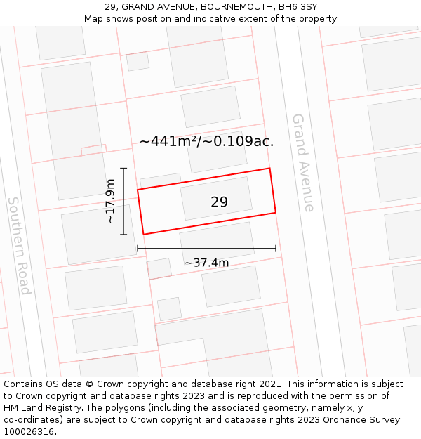 29, GRAND AVENUE, BOURNEMOUTH, BH6 3SY: Plot and title map