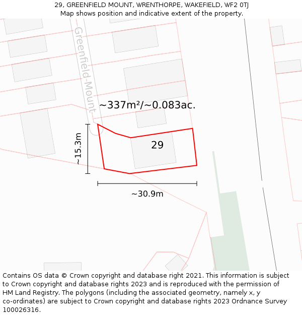 29, GREENFIELD MOUNT, WRENTHORPE, WAKEFIELD, WF2 0TJ: Plot and title map