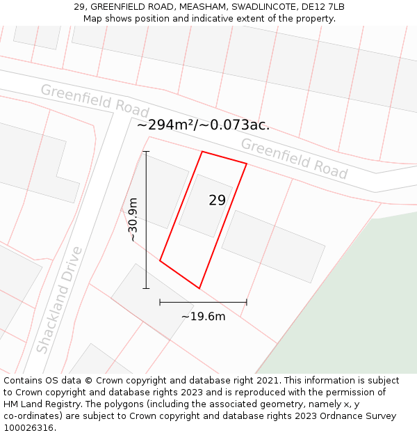 29, GREENFIELD ROAD, MEASHAM, SWADLINCOTE, DE12 7LB: Plot and title map