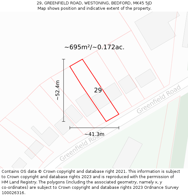 29, GREENFIELD ROAD, WESTONING, BEDFORD, MK45 5JD: Plot and title map