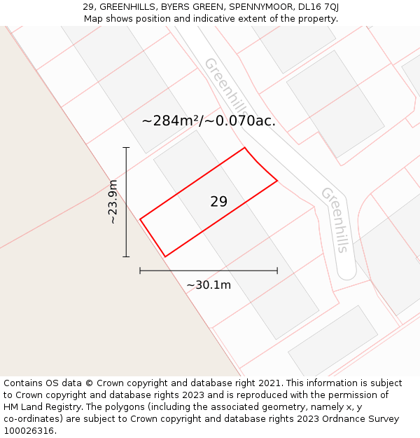 29, GREENHILLS, BYERS GREEN, SPENNYMOOR, DL16 7QJ: Plot and title map