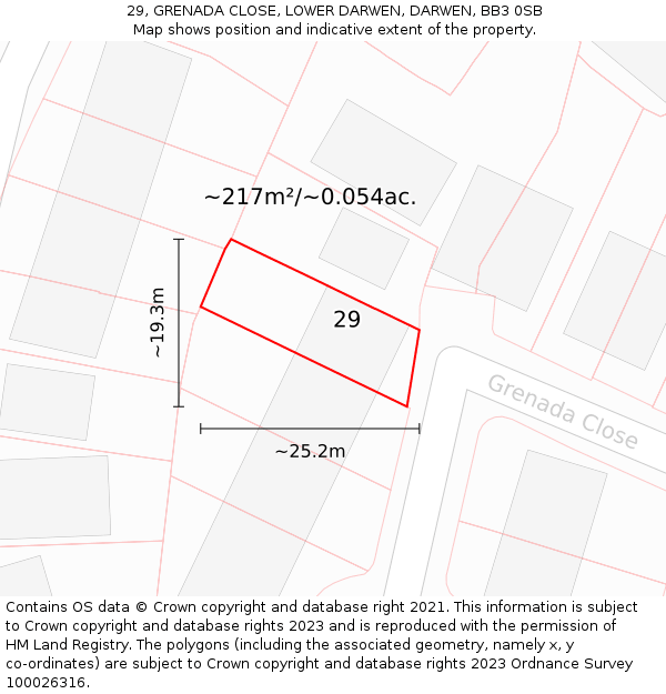 29, GRENADA CLOSE, LOWER DARWEN, DARWEN, BB3 0SB: Plot and title map