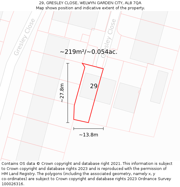 29, GRESLEY CLOSE, WELWYN GARDEN CITY, AL8 7QA: Plot and title map
