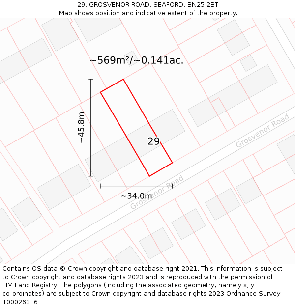 29, GROSVENOR ROAD, SEAFORD, BN25 2BT: Plot and title map