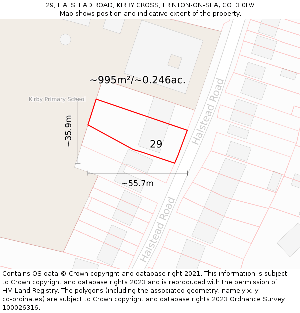 29, HALSTEAD ROAD, KIRBY CROSS, FRINTON-ON-SEA, CO13 0LW: Plot and title map