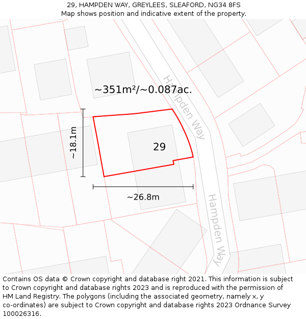 29, HAMPDEN WAY, GREYLEES, SLEAFORD, NG34 8FS: Plot and title map