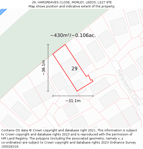 29, HARGREAVES CLOSE, MORLEY, LEEDS, LS27 9TE: Plot and title map