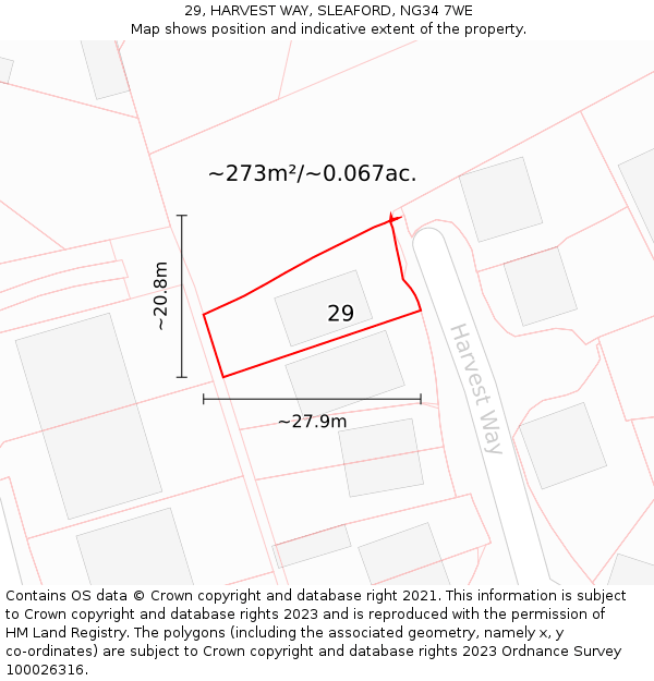 29, HARVEST WAY, SLEAFORD, NG34 7WE: Plot and title map