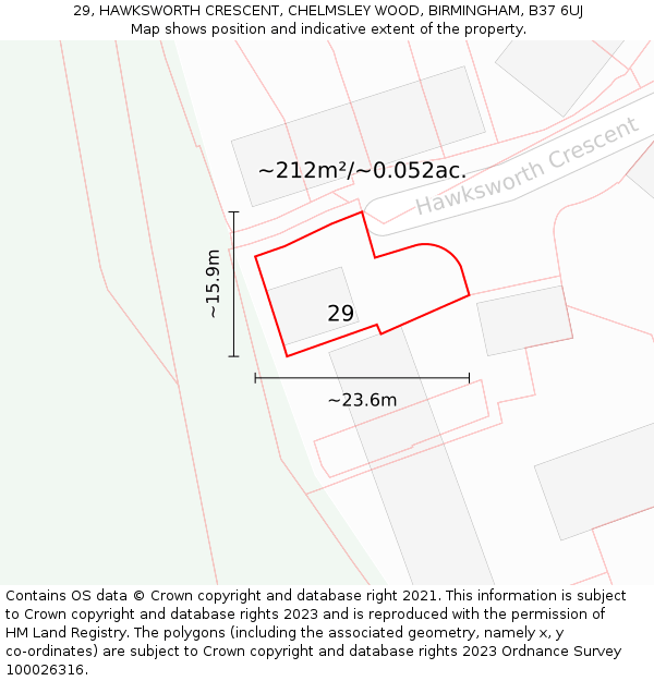 29, HAWKSWORTH CRESCENT, CHELMSLEY WOOD, BIRMINGHAM, B37 6UJ: Plot and title map