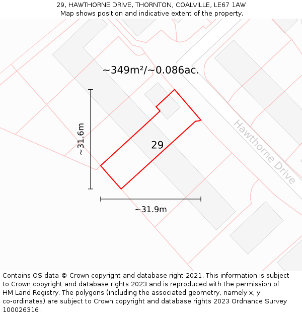 29, HAWTHORNE DRIVE, THORNTON, COALVILLE, LE67 1AW: Plot and title map