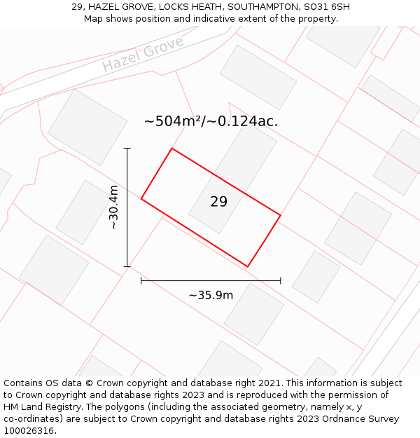 29, HAZEL GROVE, LOCKS HEATH, SOUTHAMPTON, SO31 6SH: Plot and title map