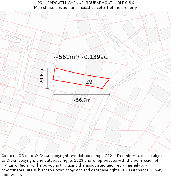 29, HEADSWELL AVENUE, BOURNEMOUTH, BH10 6JX: Plot and title map