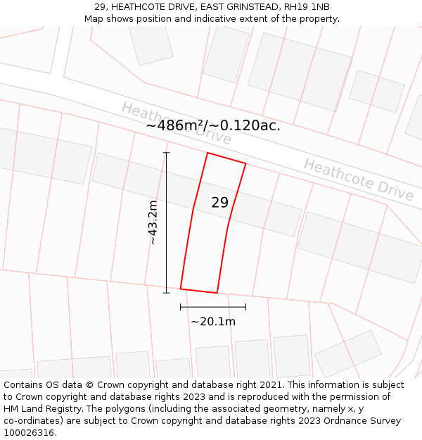 29, HEATHCOTE DRIVE, EAST GRINSTEAD, RH19 1NB: Plot and title map