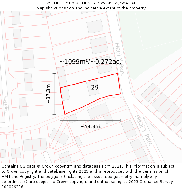 29, HEOL Y PARC, HENDY, SWANSEA, SA4 0XF: Plot and title map