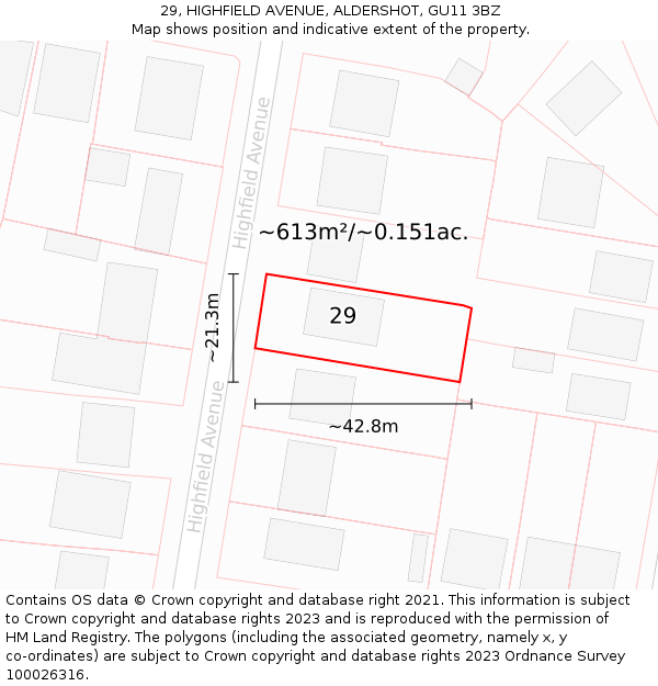 29, HIGHFIELD AVENUE, ALDERSHOT, GU11 3BZ: Plot and title map