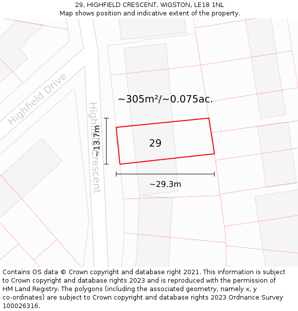 29, HIGHFIELD CRESCENT, WIGSTON, LE18 1NL: Plot and title map