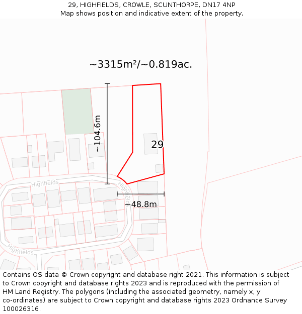 29, HIGHFIELDS, CROWLE, SCUNTHORPE, DN17 4NP: Plot and title map