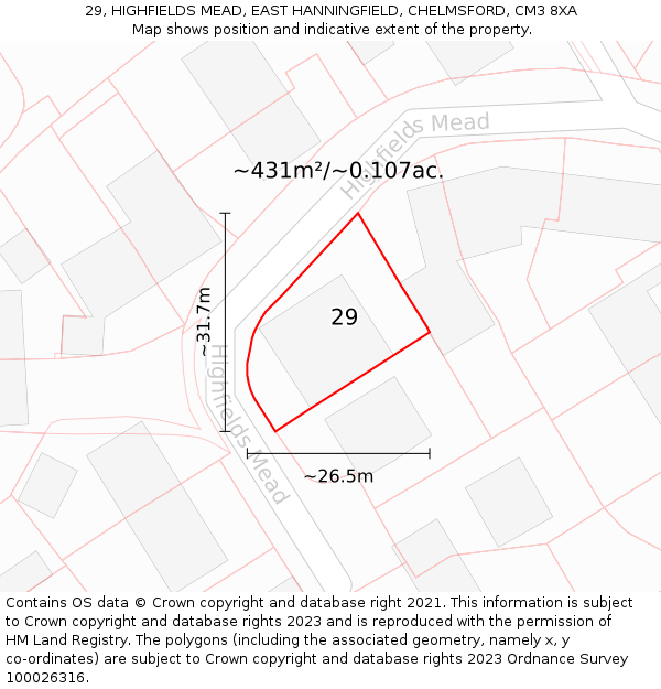 29, HIGHFIELDS MEAD, EAST HANNINGFIELD, CHELMSFORD, CM3 8XA: Plot and title map