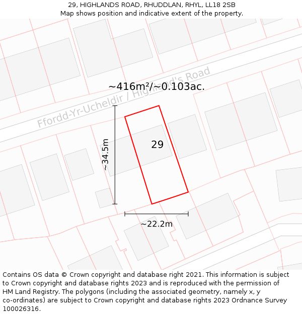 29, HIGHLANDS ROAD, RHUDDLAN, RHYL, LL18 2SB: Plot and title map