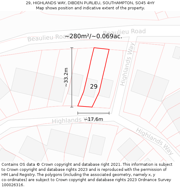 29, HIGHLANDS WAY, DIBDEN PURLIEU, SOUTHAMPTON, SO45 4HY: Plot and title map
