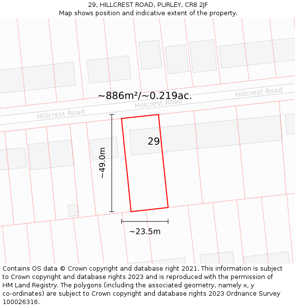 29, HILLCREST ROAD, PURLEY, CR8 2JF: Plot and title map