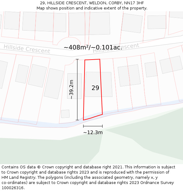 29, HILLSIDE CRESCENT, WELDON, CORBY, NN17 3HF: Plot and title map