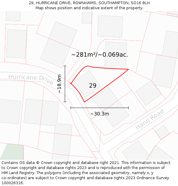 29, HURRICANE DRIVE, ROWNHAMS, SOUTHAMPTON, SO16 8LH: Plot and title map