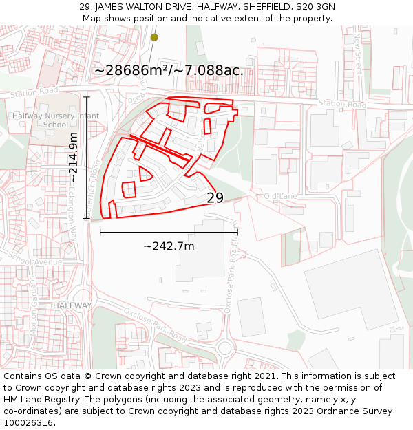 29, JAMES WALTON DRIVE, HALFWAY, SHEFFIELD, S20 3GN: Plot and title map